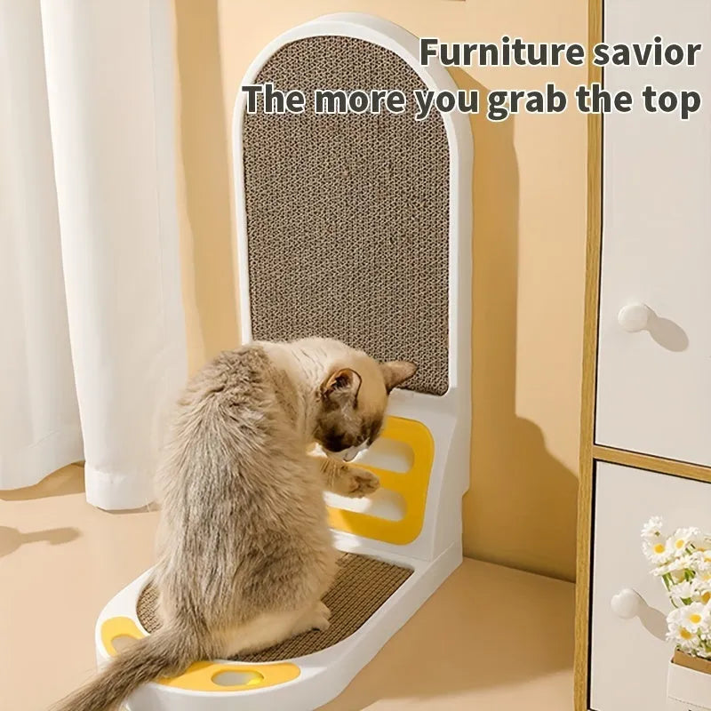 L-shaped vertical cat scratching board with grey sisal rope in a room corner