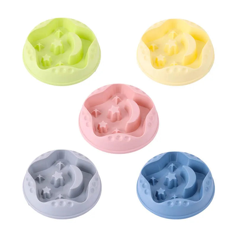 Large slow feeder dog bowl with moon star wings pattern and non-slip base in blue colour