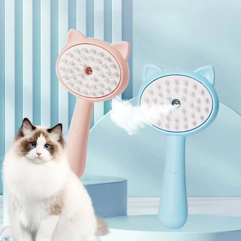 Rechargeable mist grooming brush for cats and dogs in yellow, blue, or pink, with ABS TPR silicone construction.