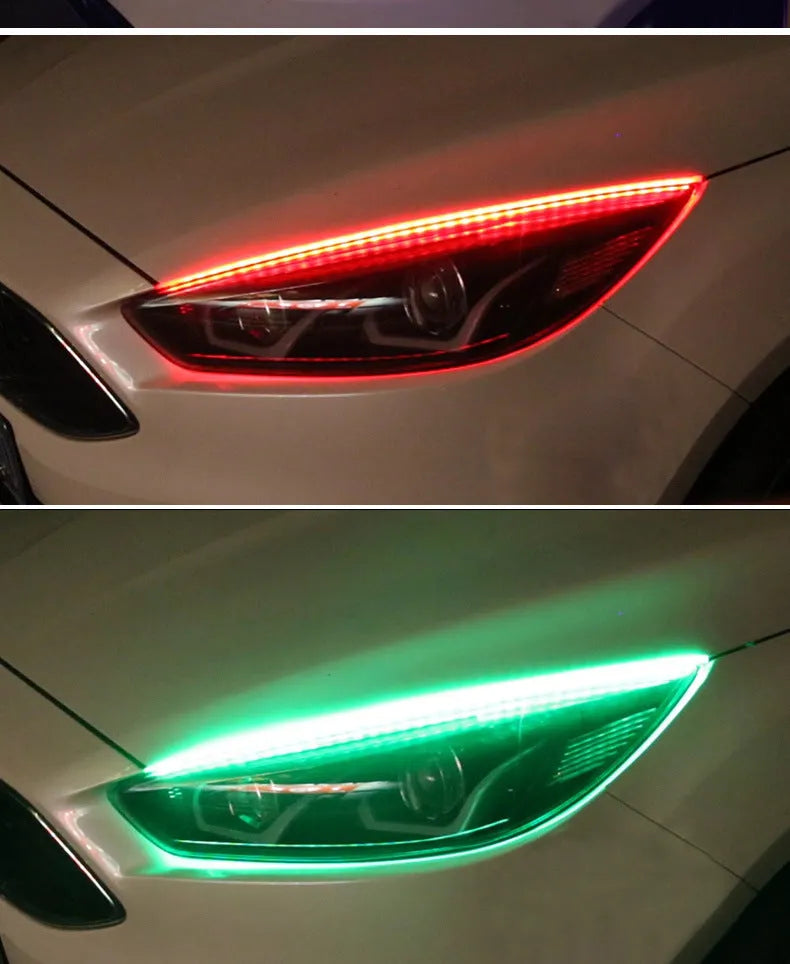 Universal LED headlight streamer with remote control showing RGB colourful lighting in 30cm, 45cm, and 60cm length options
