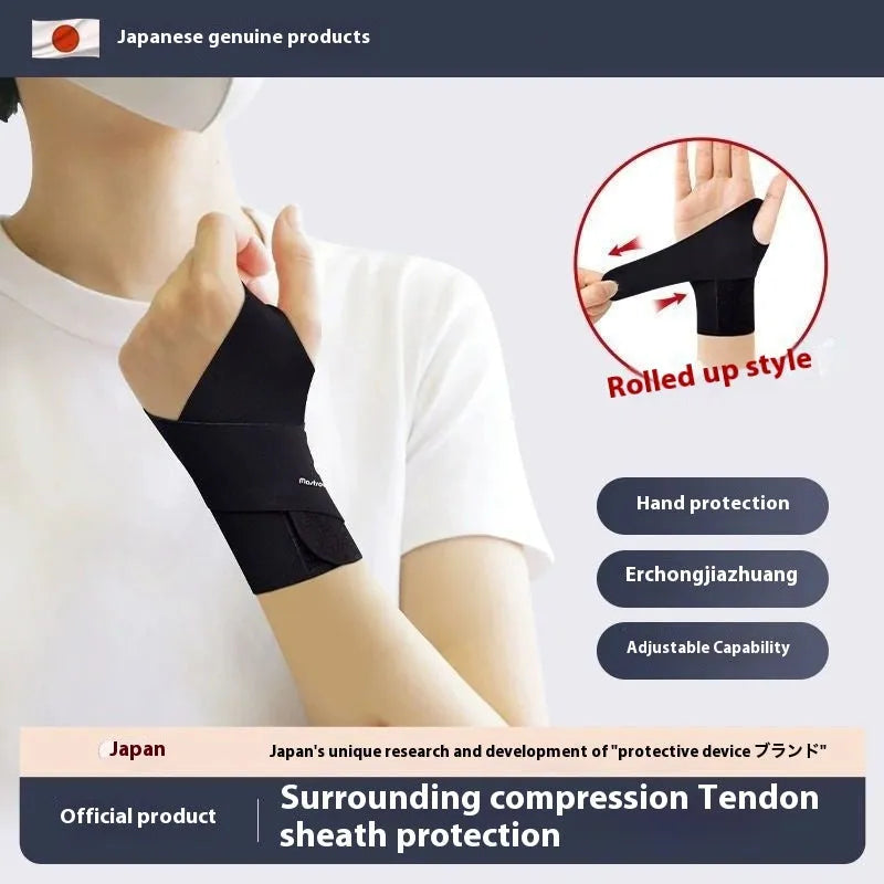 Adjustable black breathable wristguard worn on wrist for sports like badminton and tennis.