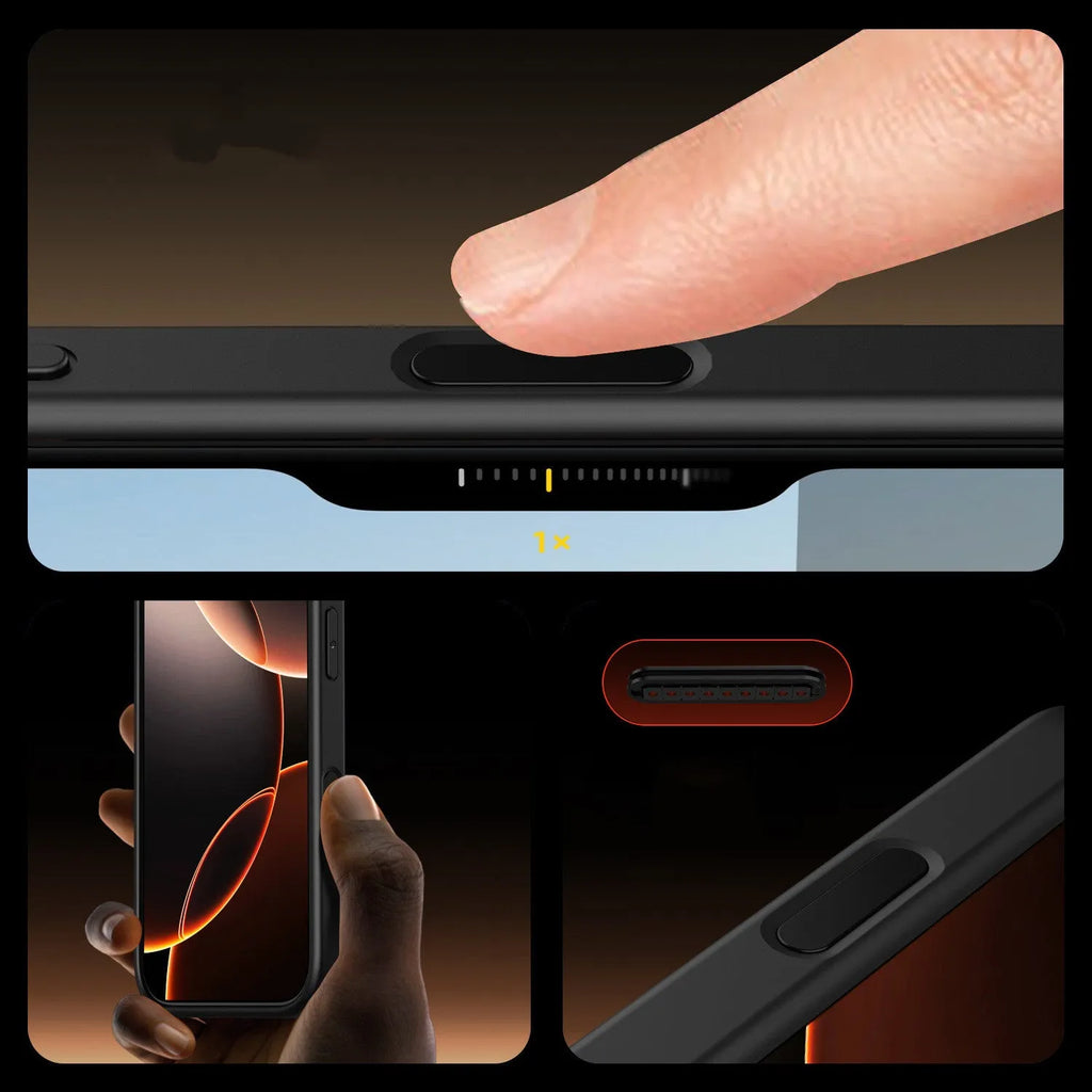 Black magnetic iPhone 16 phone case with TPU and PC construction showing magnetic components and airbag-style protection elements