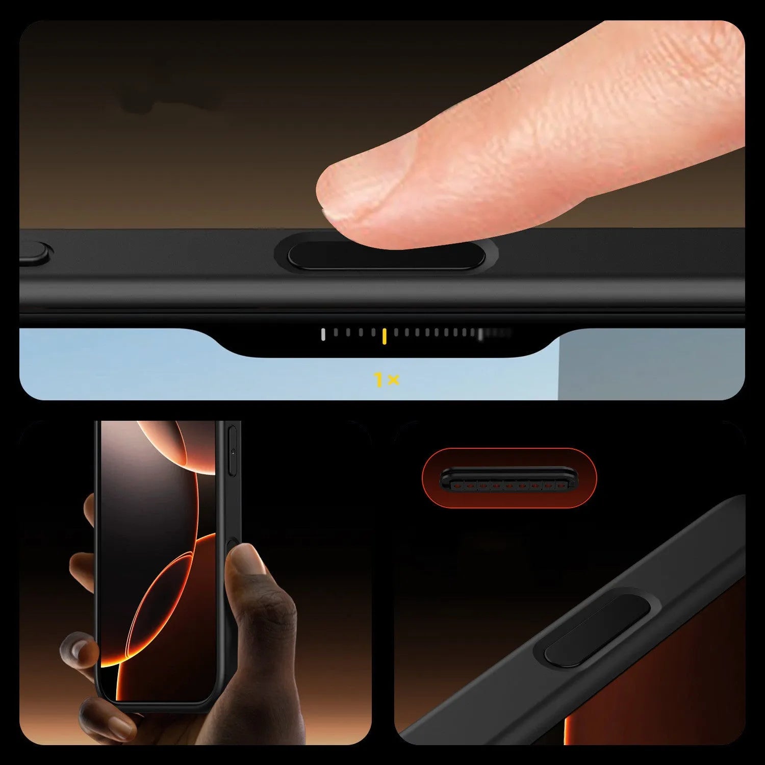 Black magnetic iPhone 16 phone case with TPU and PC construction showing magnetic components and airbag-style protection elements