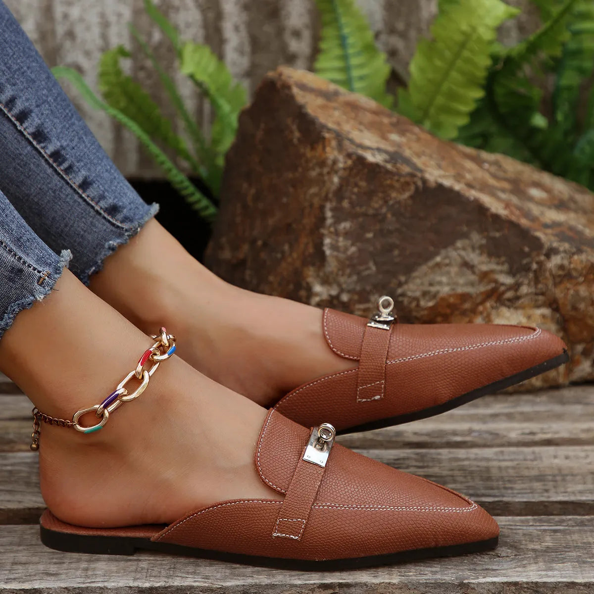 Women's light brown pointed toe semi-slippers with low heel and rubber sole