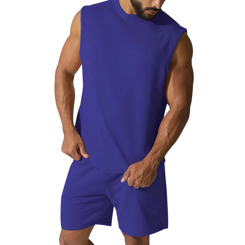 Men's sleeveless cotton blend sports top and matching casual shorts set in army green.