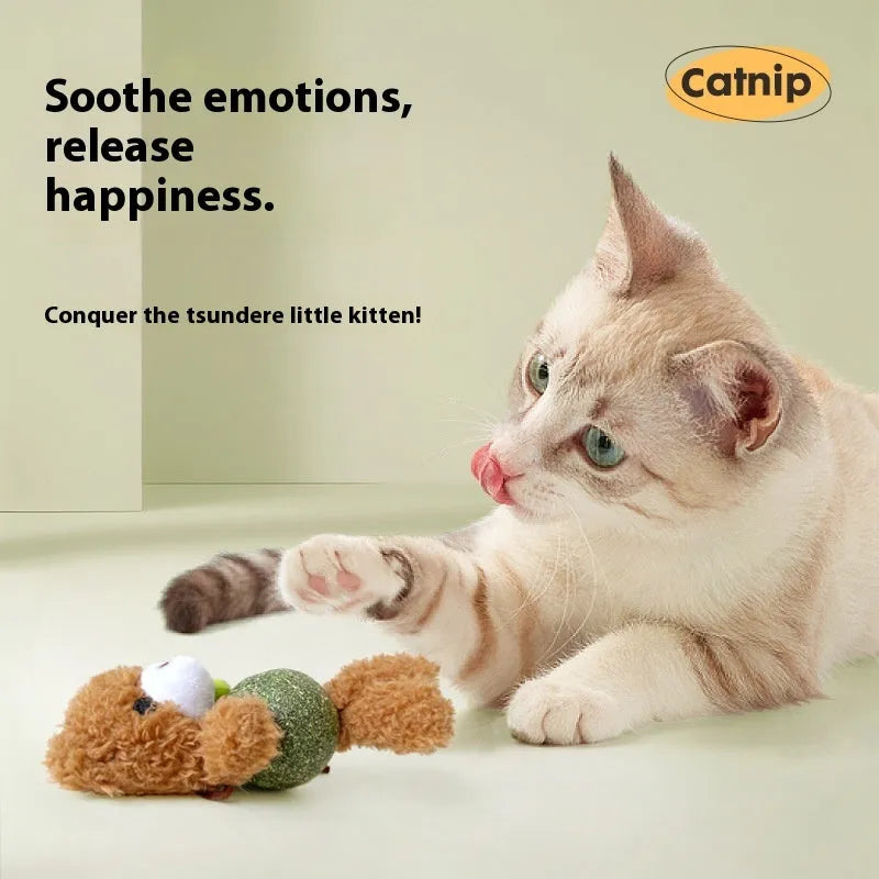 Brown bear plush catnip toy with 4cm mint ball and bell for kitten dental relief and play