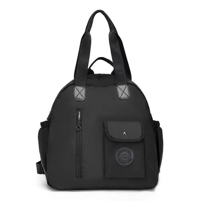 Women's large nylon outdoor backpack with sandwich pocket in black, green letters, or khaki