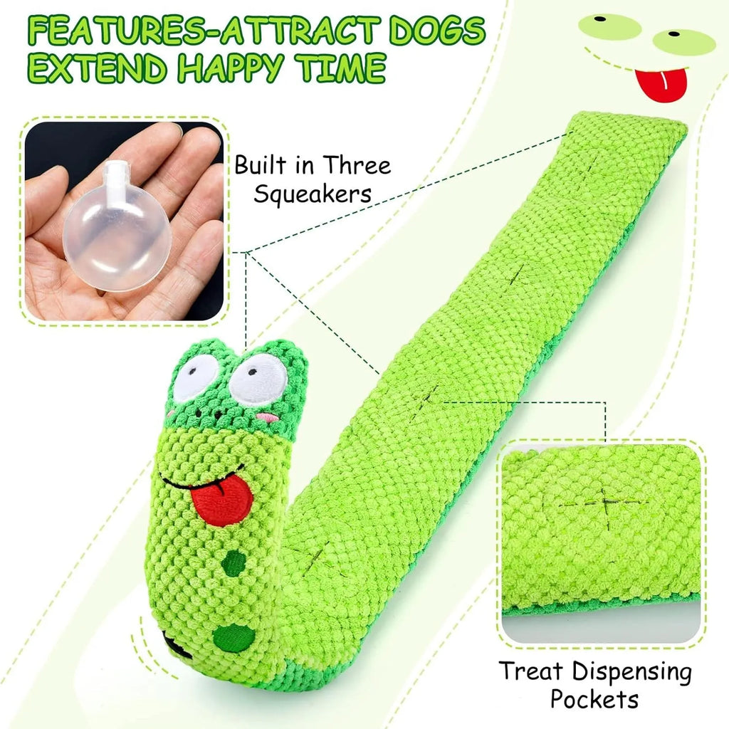 Thick velvet dog puzzle toy that transforms between snail and stick shapes with hidden food holes