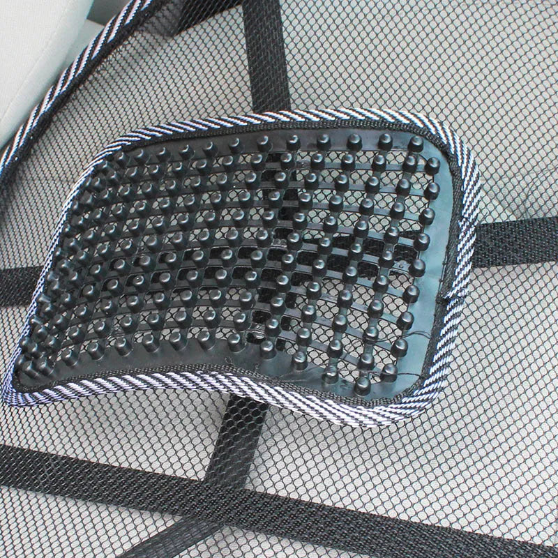 Black lumbar support pillow with leather nail pattern detailing measuring 41x39cm