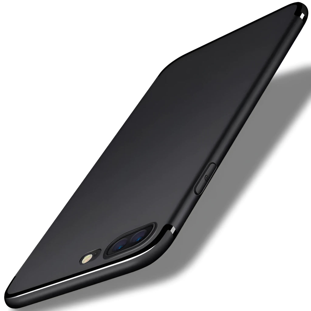 Silicone and TPU mobile phone case for Apple iPhone on a table in black, blue, red, and white colour options.