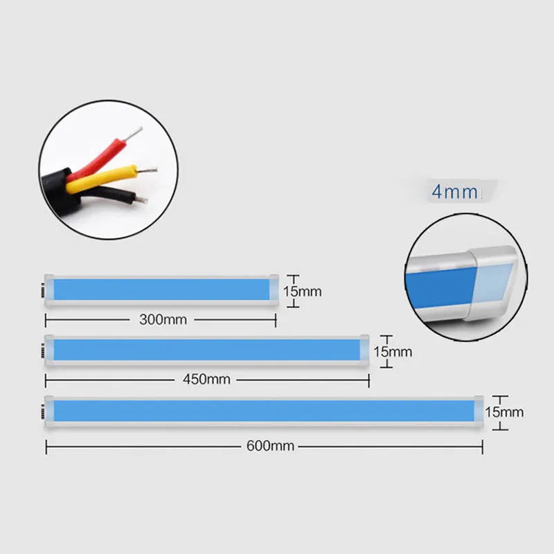 Flexible silicone car LED daytime running light strip with turn signal function, showing wire connections.