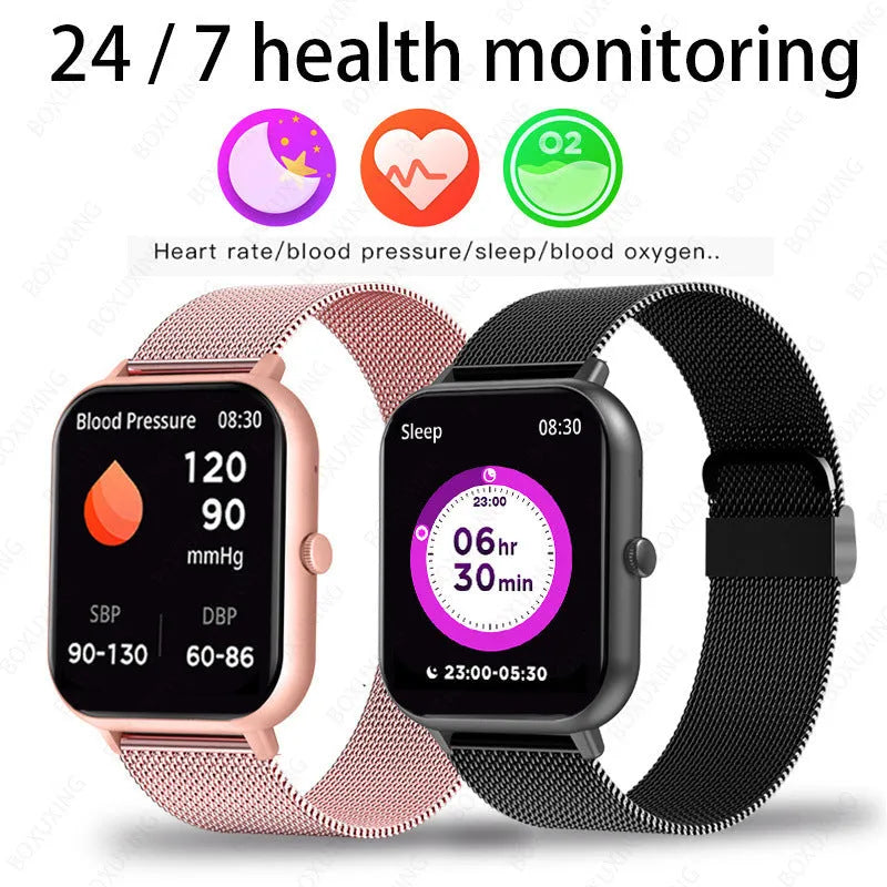 Smart watch with AMOLED screen showing health metrics and call function