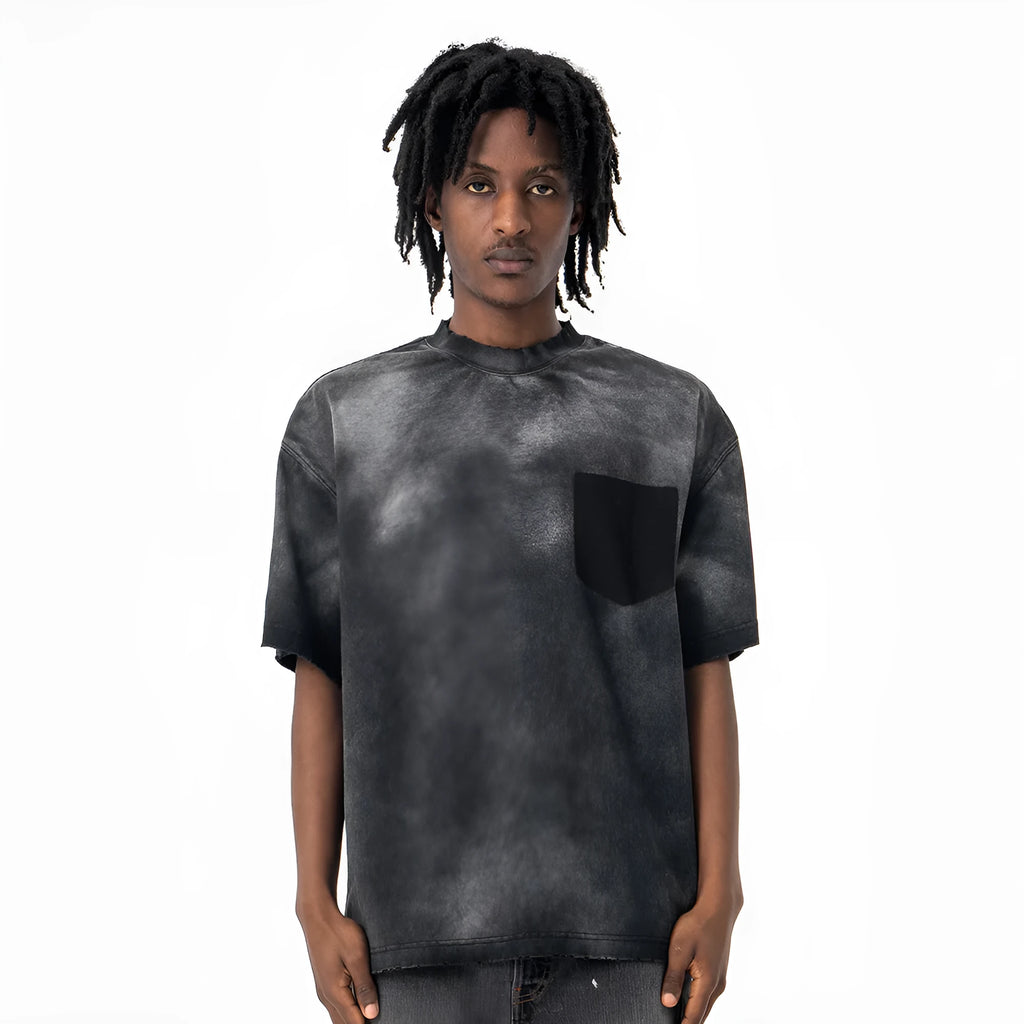 Men's black loose-fit cotton T-shirt with printed letter pattern and drop-shoulder short sleeves