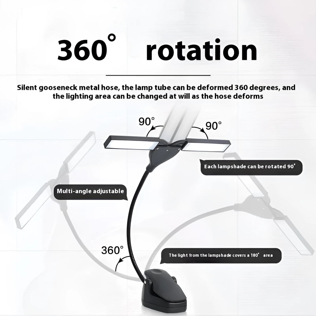 Black music stand light with 28 LEDs mounted on music stand illuminating sheet music