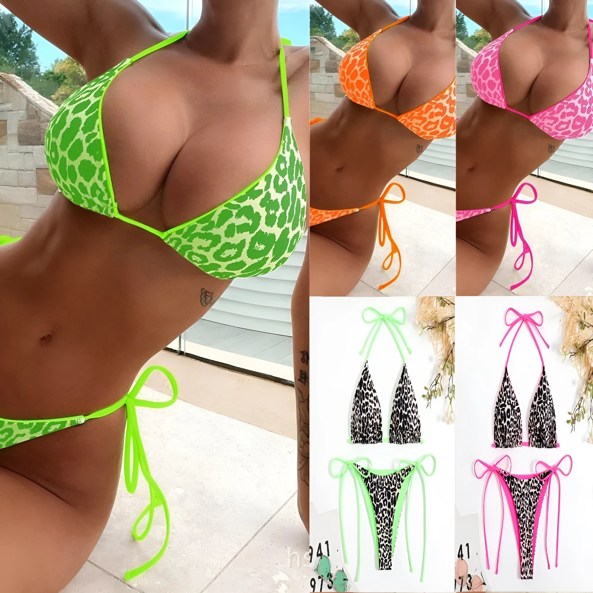 Women's lace-up front triangle bikini set with adjustable tie closure