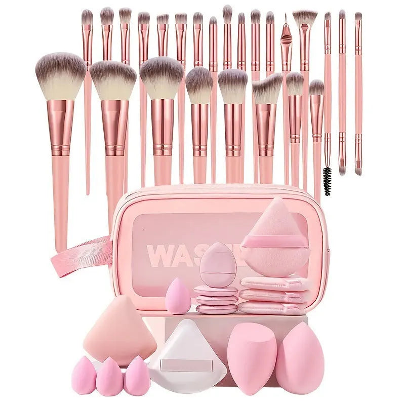 Beauty tool set with hydrophilic non-latex materials in brown, pink, and purple colours showing multiple specification options