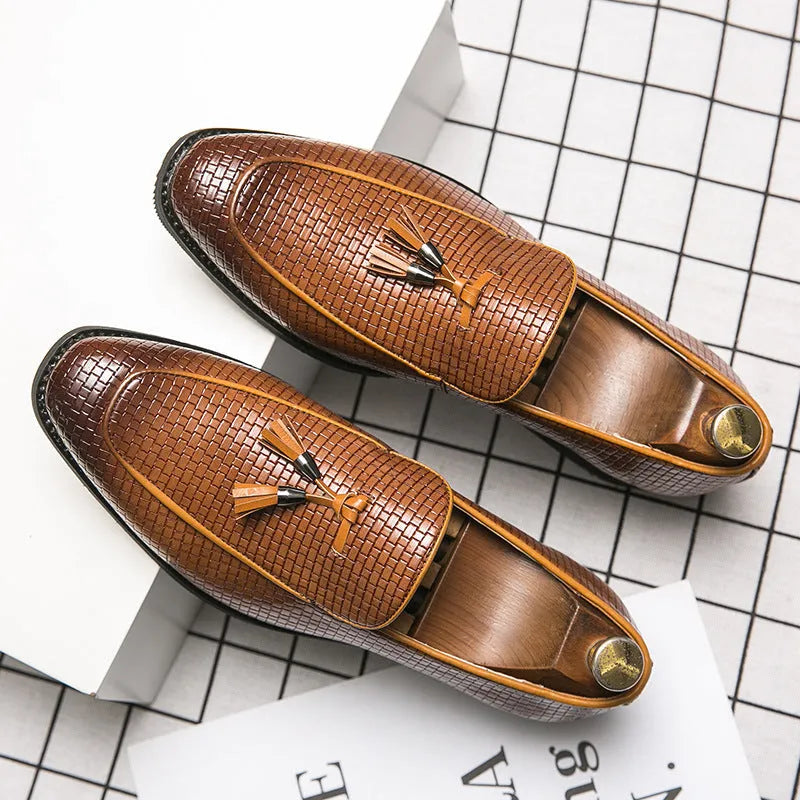 Men's black pointed slip on shoes with tassel detail on artificial PU upper