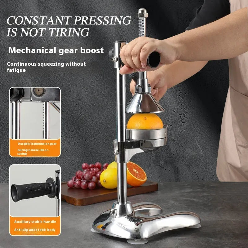 Vertical stainless steel manual citrus juicer in a selection of colours and head styles.