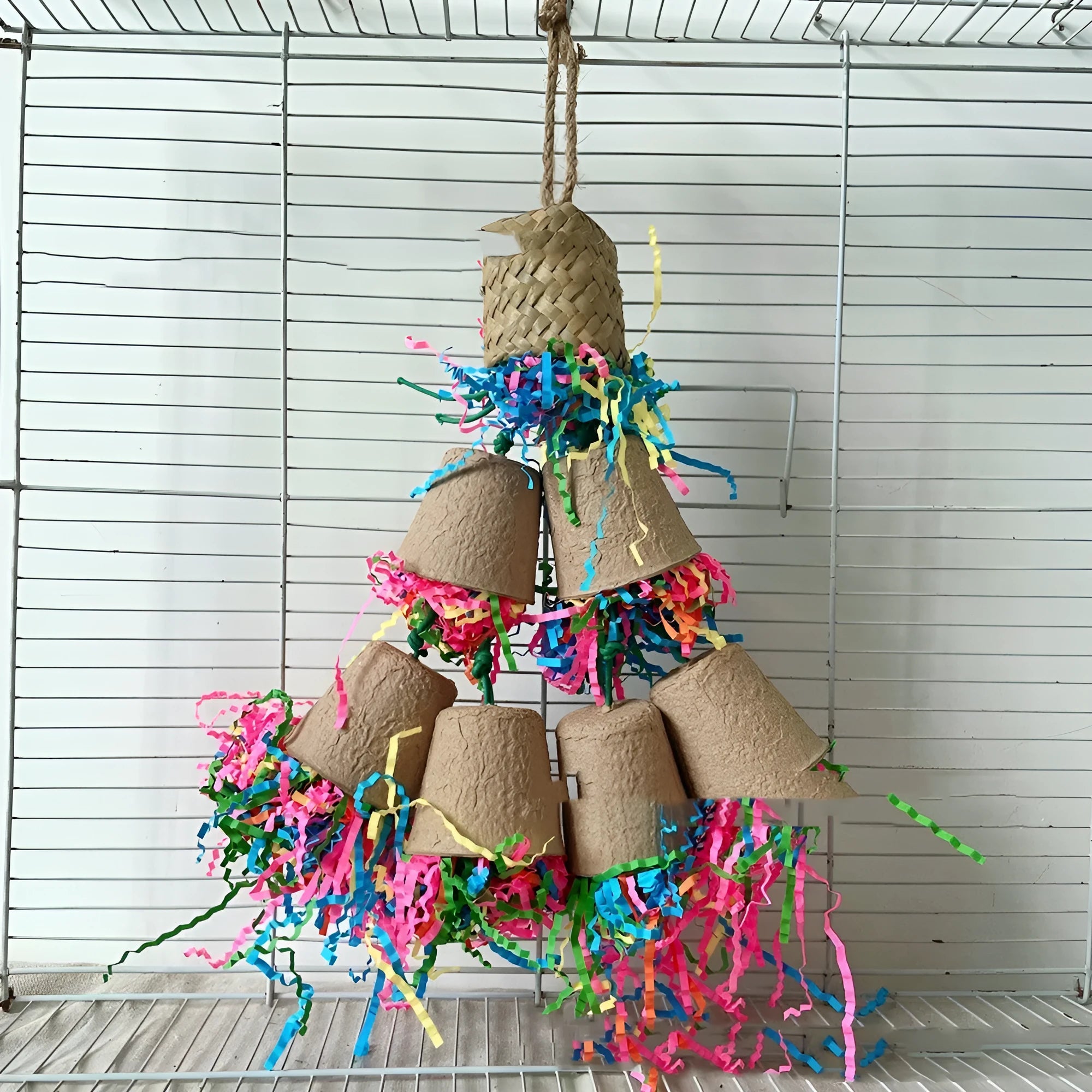 Wood colour parrot paper cup palm weaving gnawing toy hanging at 38cm height