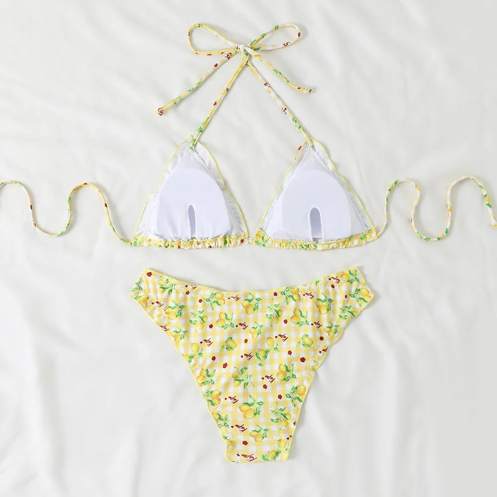 Floral backless two-piece bikini set with nylon fabric and polyester lining in sizes S M L