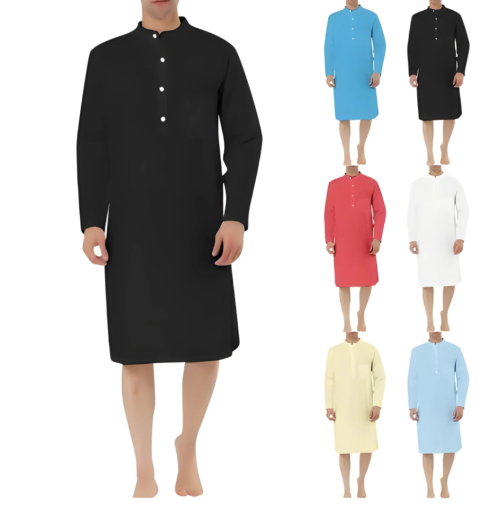 Men's cotton shirt-style robe with front pockets shown in multiple colour options.