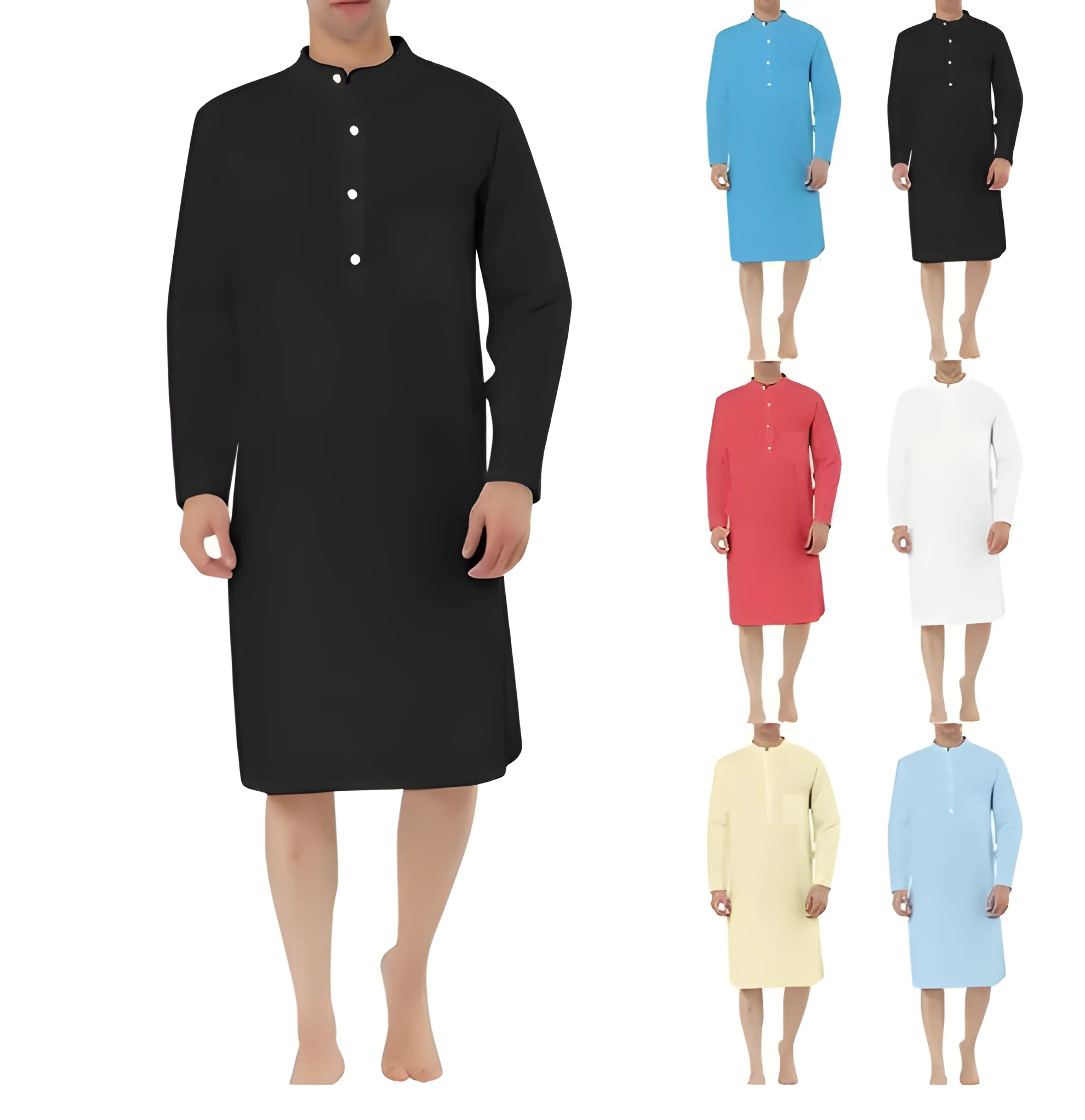 Men's cotton shirt-style robe with front pockets shown in multiple colour options.