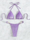 Blue leopard print T-shaped swimsuit bikini with polyester fabric and spandex stretch