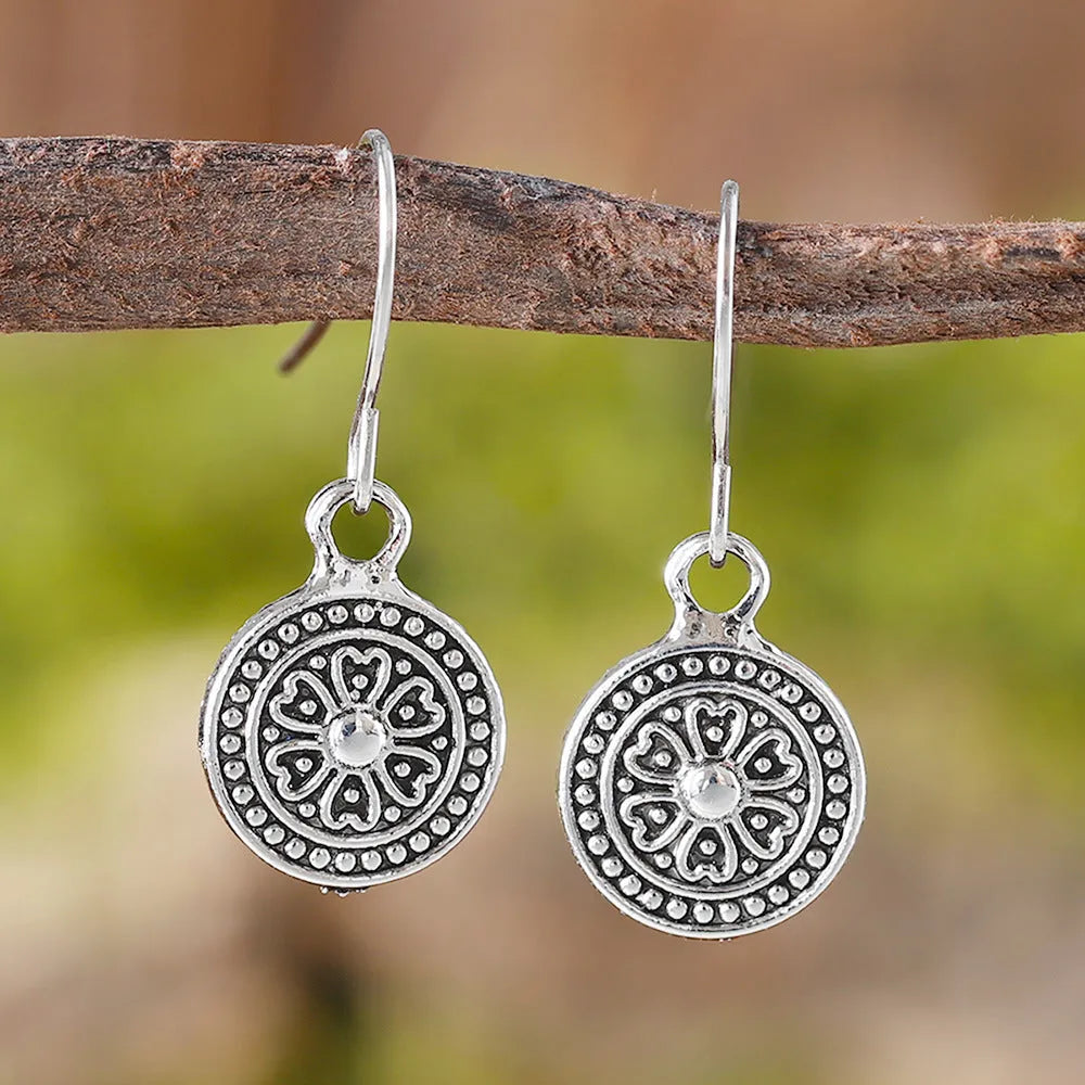 Bohemian style retro earrings with geometric shape and distressed ethnic design in zinc alloy