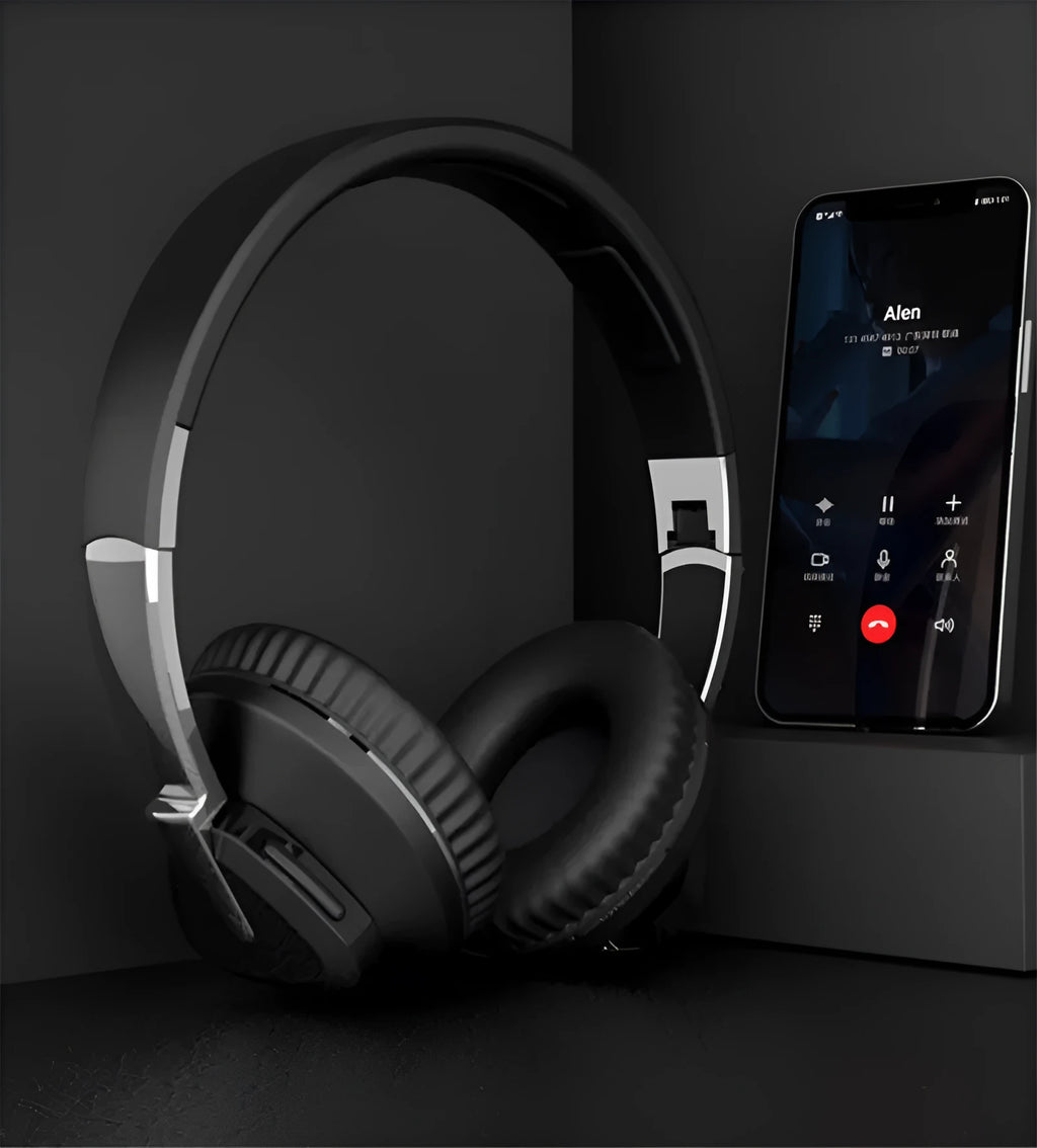 Wireless over-ear headset with Bluetooth connectivity showing AUX jack and TF card slot in multiple colour options