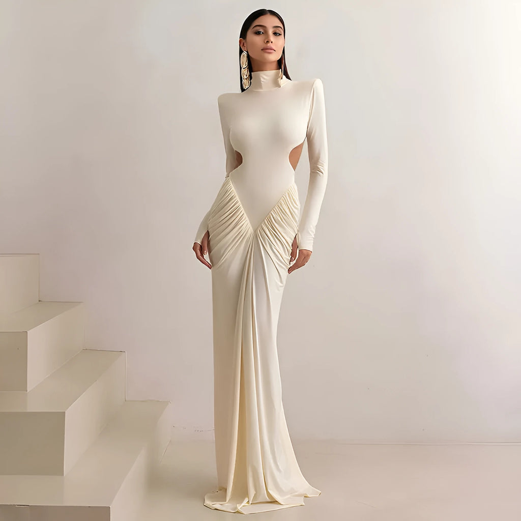 Long sleeve high collar slim fit dress with pleated backless design in solid colour options