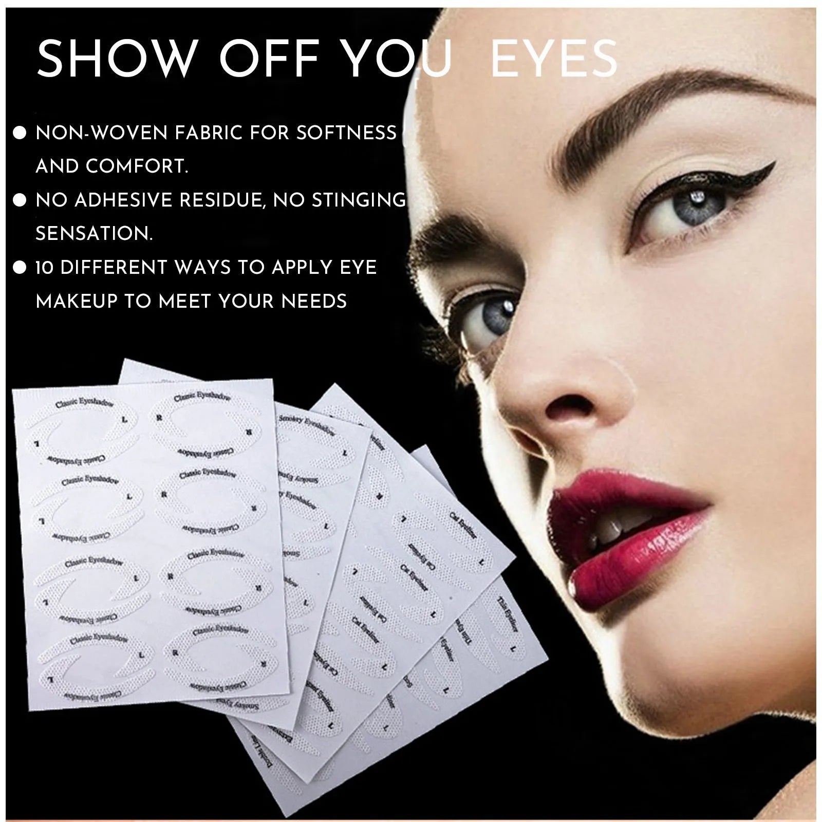 Pack of four reusable flexible eyeliner and eyeshadow makeup stencil stickers on a pink background