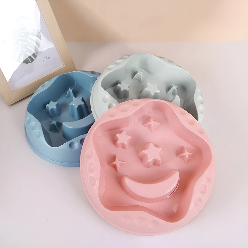 Large slow feeder dog bowl with moon star wings pattern and non-slip base in blue colour