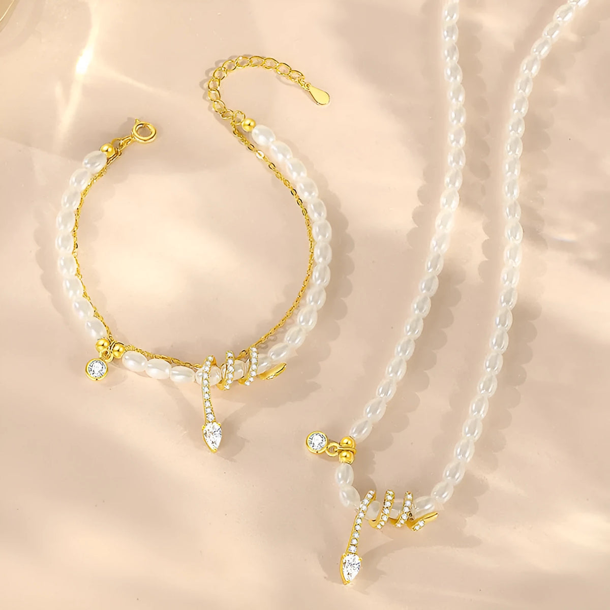 925 silver pearl snake bracelet with geometric design in gold or white gold colour