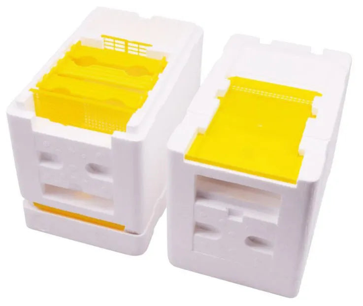 Three white foam bee queen transport boxes for beekeeping and mating applications