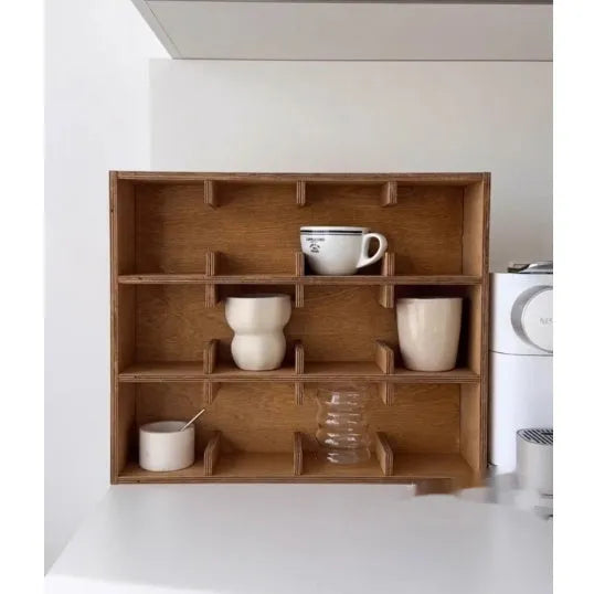 Square birch wood cup storage rack with multiple grid compartments for kitchen organisation
