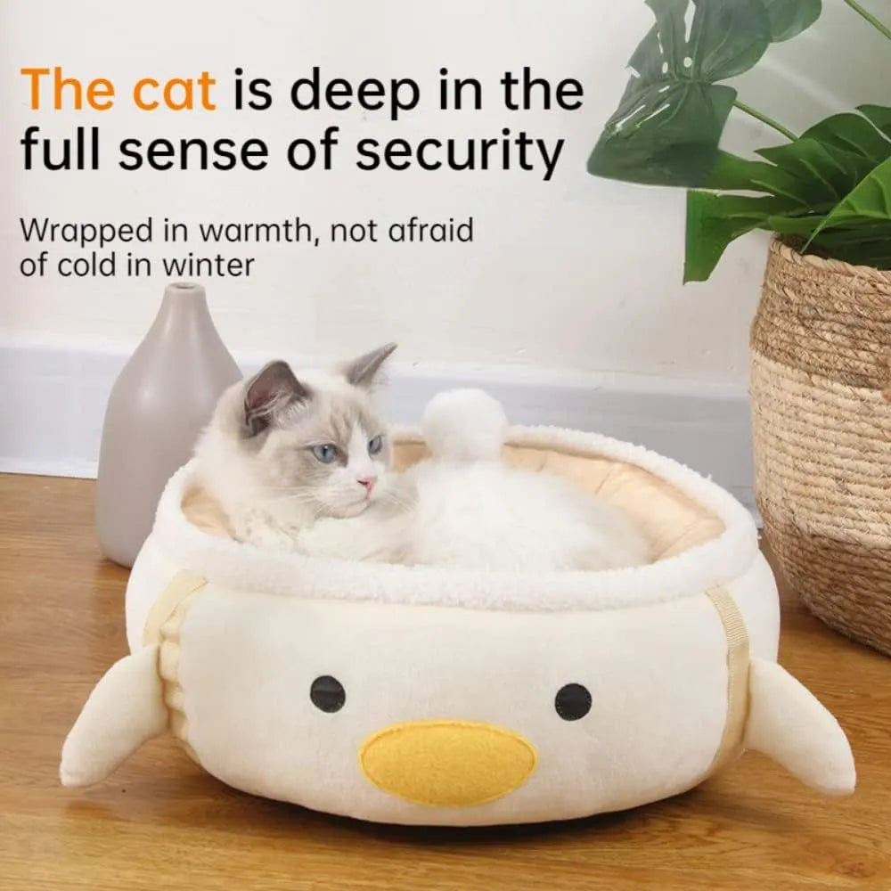 Green chick-shaped cat bed shown both hanging as a hammock and lying flat on the floor.
