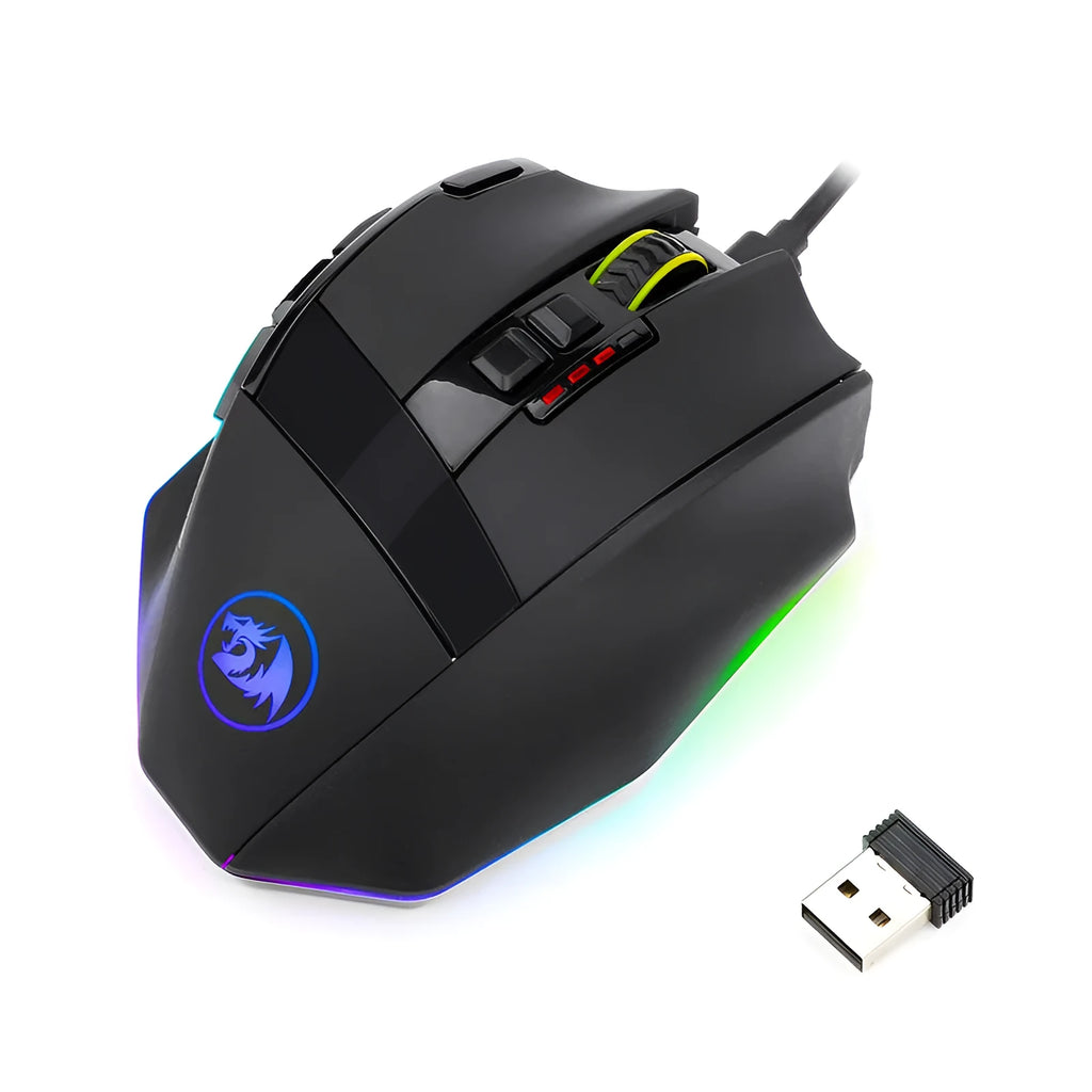 Redragon M801P black dual mode wireless gaming mouse with ergonomic design and 5600 DPI optical sensor