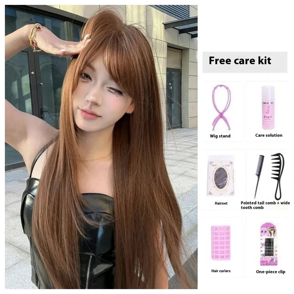 Warm brown long straight synthetic wig with a full fringe on a model.