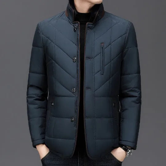 Men's solid-colour short winter padded coat with side seam pockets, shown in dark blue.