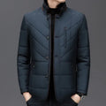 Men's solid-colour short winter padded coat with side seam pockets, shown in dark blue.