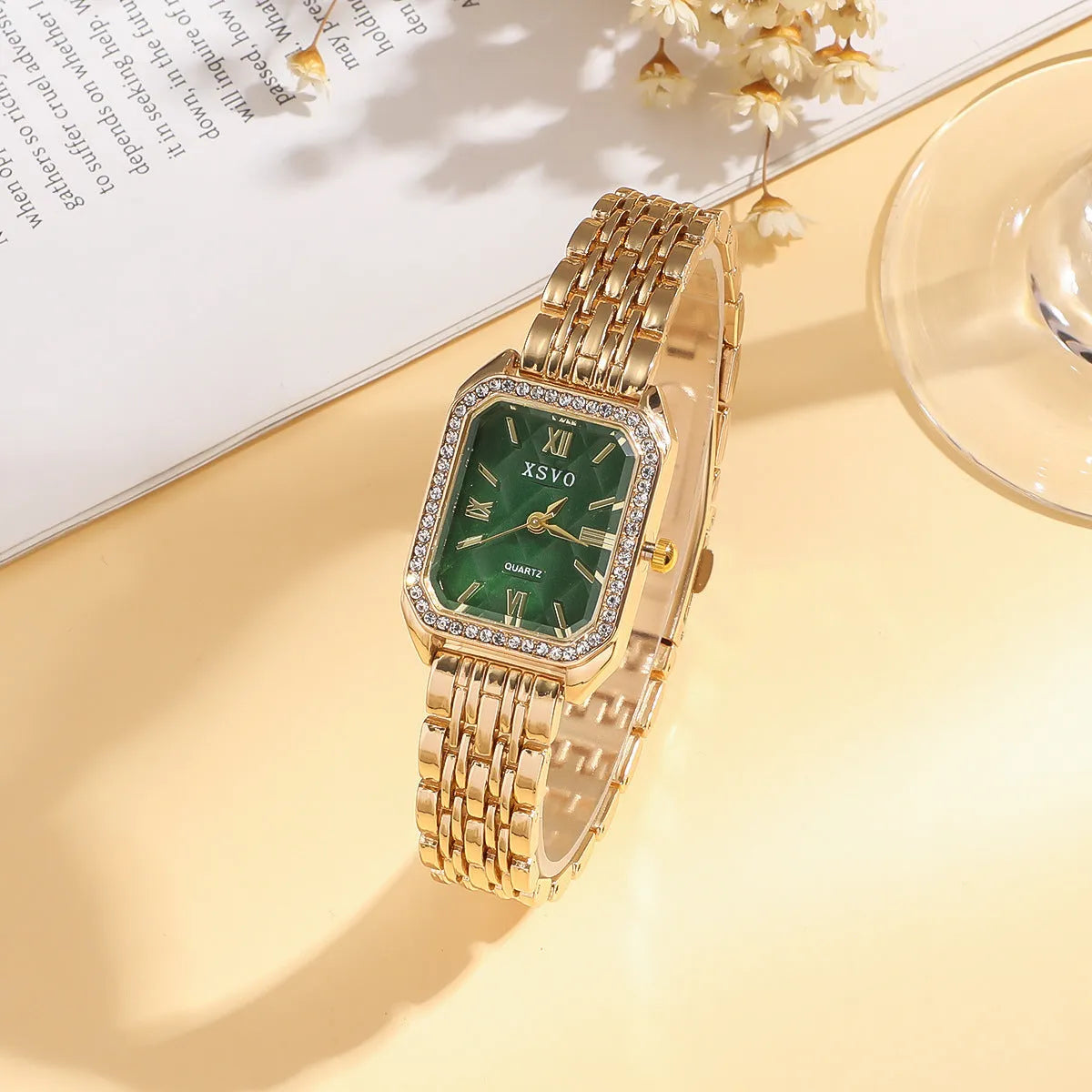 Gold green women's square watch with four matching bracelets, 25mm dial diameter