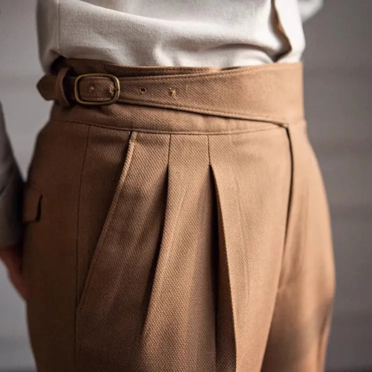 Men's high waist straight leg casual trousers in black polyester fabric on a hanger.