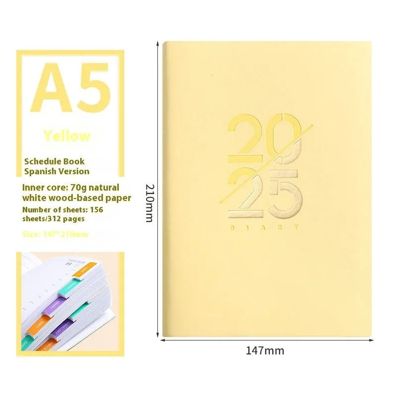 A5 daily planner with soft faux leather cover showing thread binding and open pages