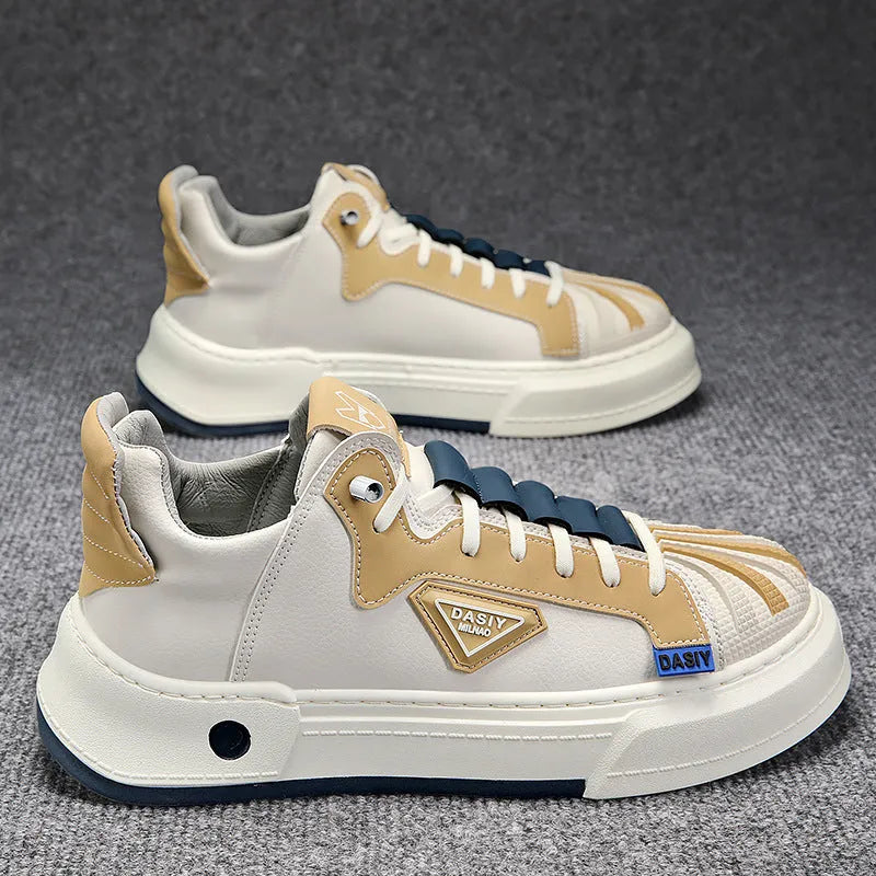 Men's beige casual sneakers with elastic band fastening and microfiber upper