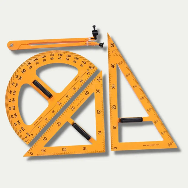 Orange and black plastic triangle ruler and protractor set with chalk compass for mathematics teaching