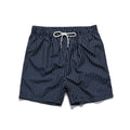 Men's striped beach shorts in navy blue, showing straight leg opening and casual fit.