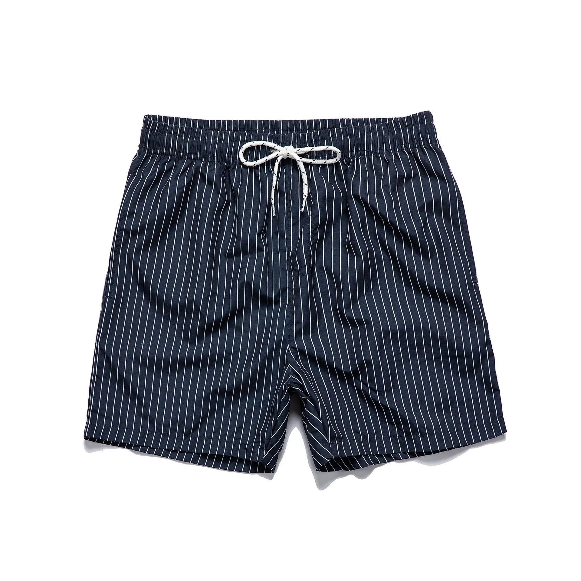 Men's striped beach shorts in navy blue, showing straight leg opening and casual fit.