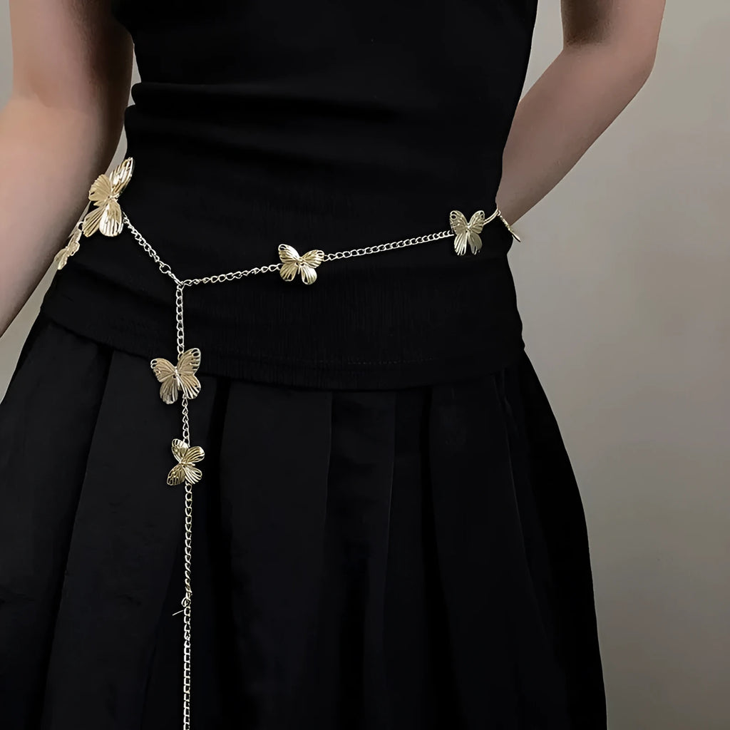 Gold or silver alloy waist chain with butterfly motif, 104cm length women's fashion accessory