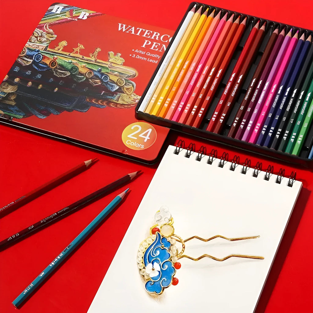 Water-soluble coloured pencil set with 24 wooden pencils in a flat iron storage box.