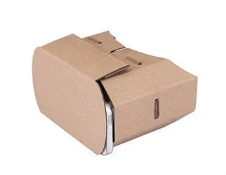 White cardboard virtual reality glasses headset for smartphones with 3D lens viewing.